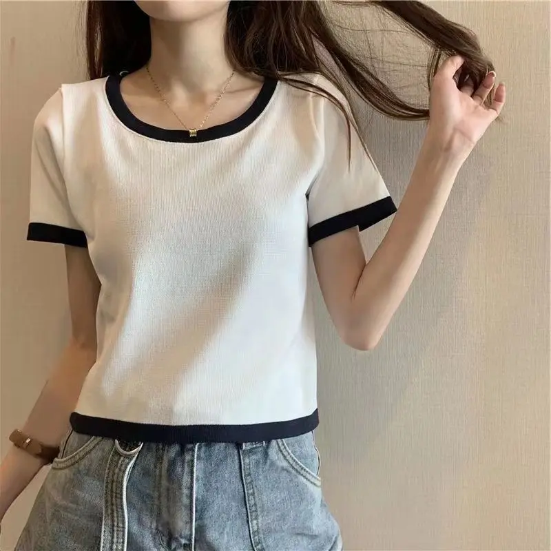 143 Summer Short-Sleeved Thin Shirt Western Style French Collarbone T-shirt round Neck Contrast Color High Waist Short Slimming Top for Women Ins