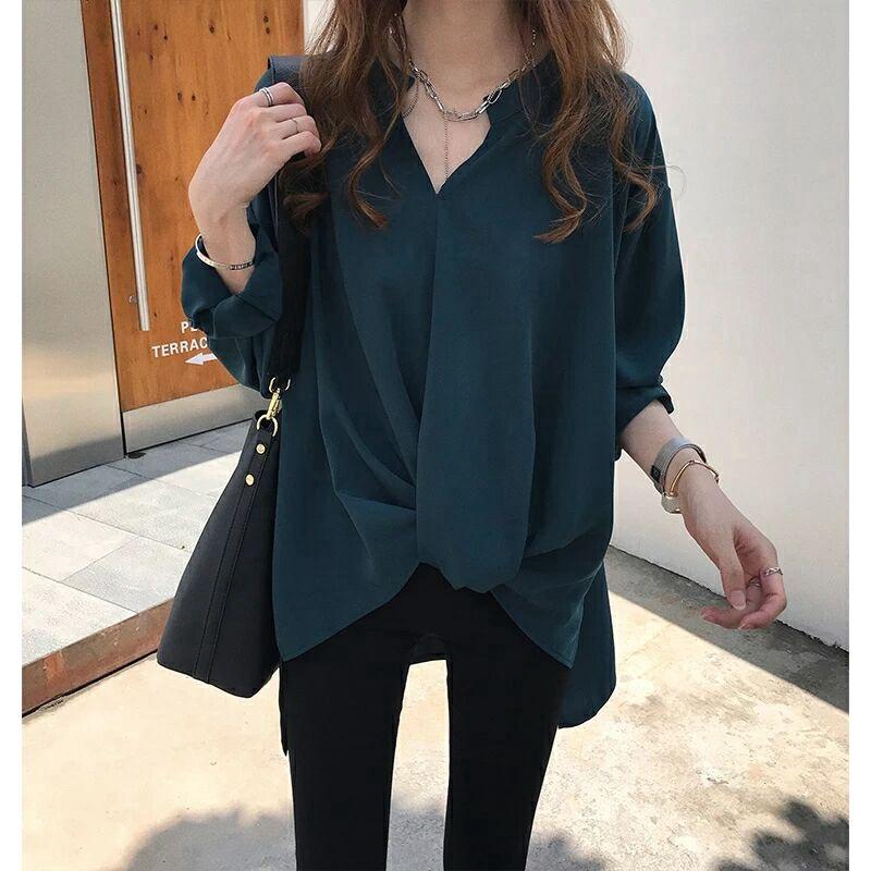 M-4XL Korean Style Plus Size v-neck shirt for Women casual Long Sleeve loose blouse top Clothing Baggy 3