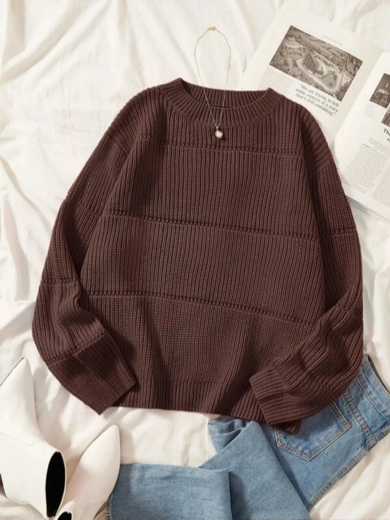 Women's Plain Textured Round Neck Sweater, Casual Elegant Drop Shoulder Long Sleeve Kawaii Jumper for Fall & Winter, Ladies Knitwear for Daily Wear, Oversized Jumper, Going - Out Tops