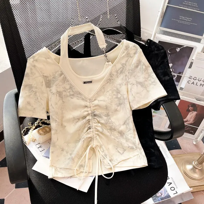Áo Thun ngắn Tay Áo, Thiết Kế Xinh Xắn, Viền Bất Đối Xứng Bán Chạy, Cổ Yếm Cổ, Nhuộm Giả Hai Lớp, Dây Rút, Dành Cho Bé Gái, Áo Trên