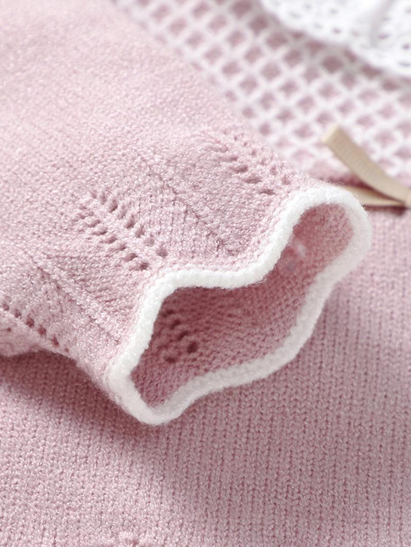 Product Introduction of Two-Piece Set Baby Girl's Argyle Print Eyelet Embroidery Ruffle Trim Sweater & Plain Pants, Cute Scallop Trim Bow Keyhole Neckline Top & Knitting Trousers, Infant Newborn Girls Fall & Winter Knitwear 6