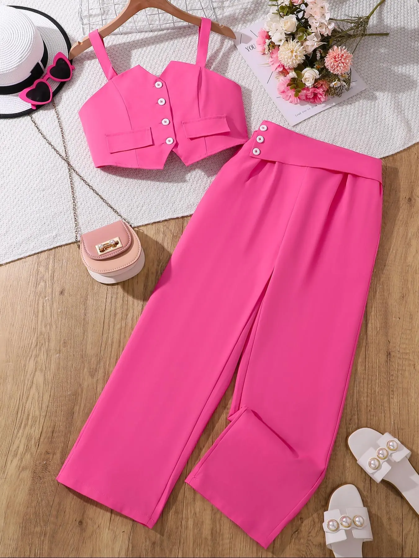 Girl's Solid Color Crop Tank Top & Wide Leg Pants Two-Piece Set, Elegant Fashion Casual Two Piece Outfits for Daily Outdoor Wear, Girls Set for Summer