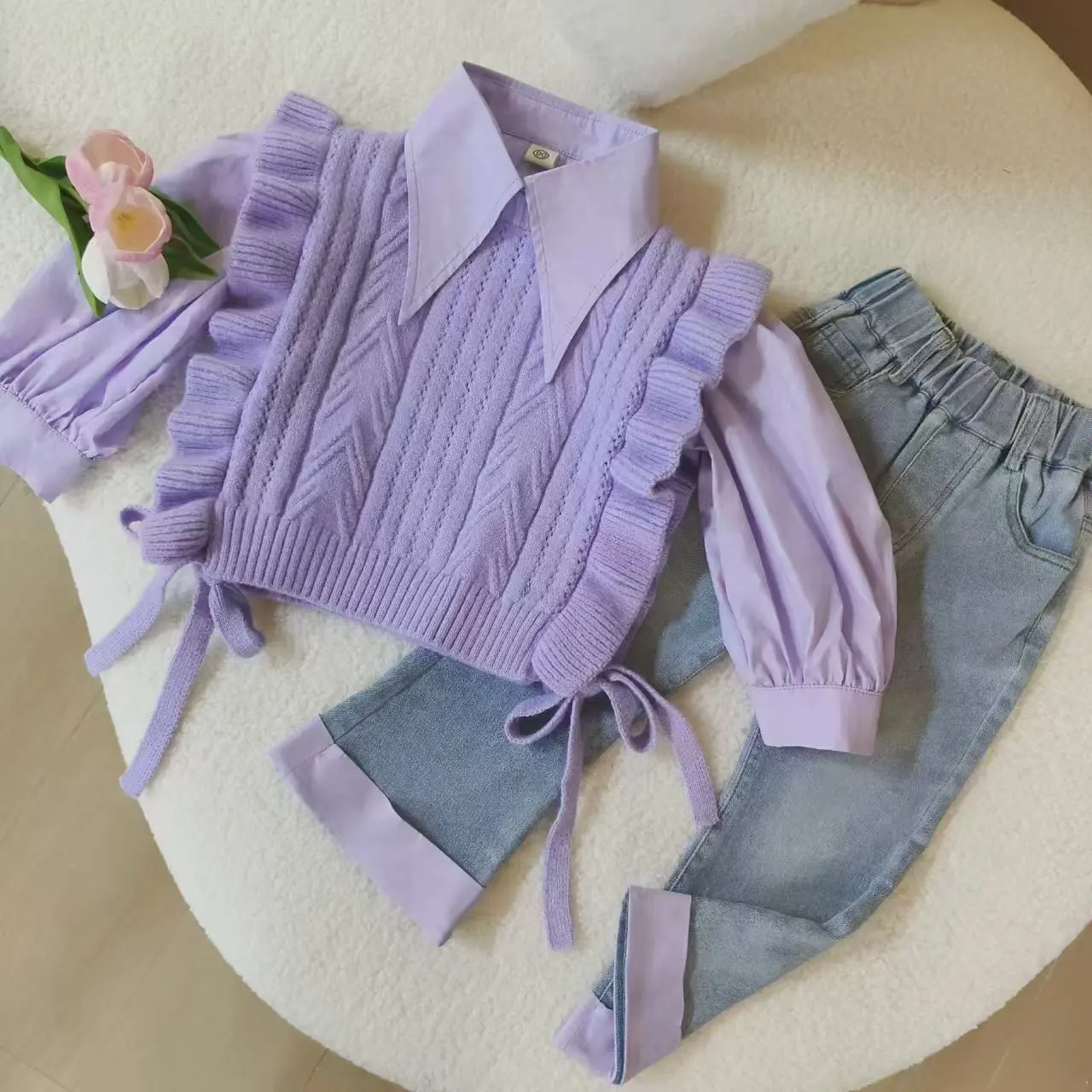 Sut Musim Luruh Perempuan, Gaya Barat Baharu, Baju Rompi Berkait, Seluar Jeans Kanak-kanak Musim Bunga dan Musim Luruh, Set Tiga Keping, 2024
