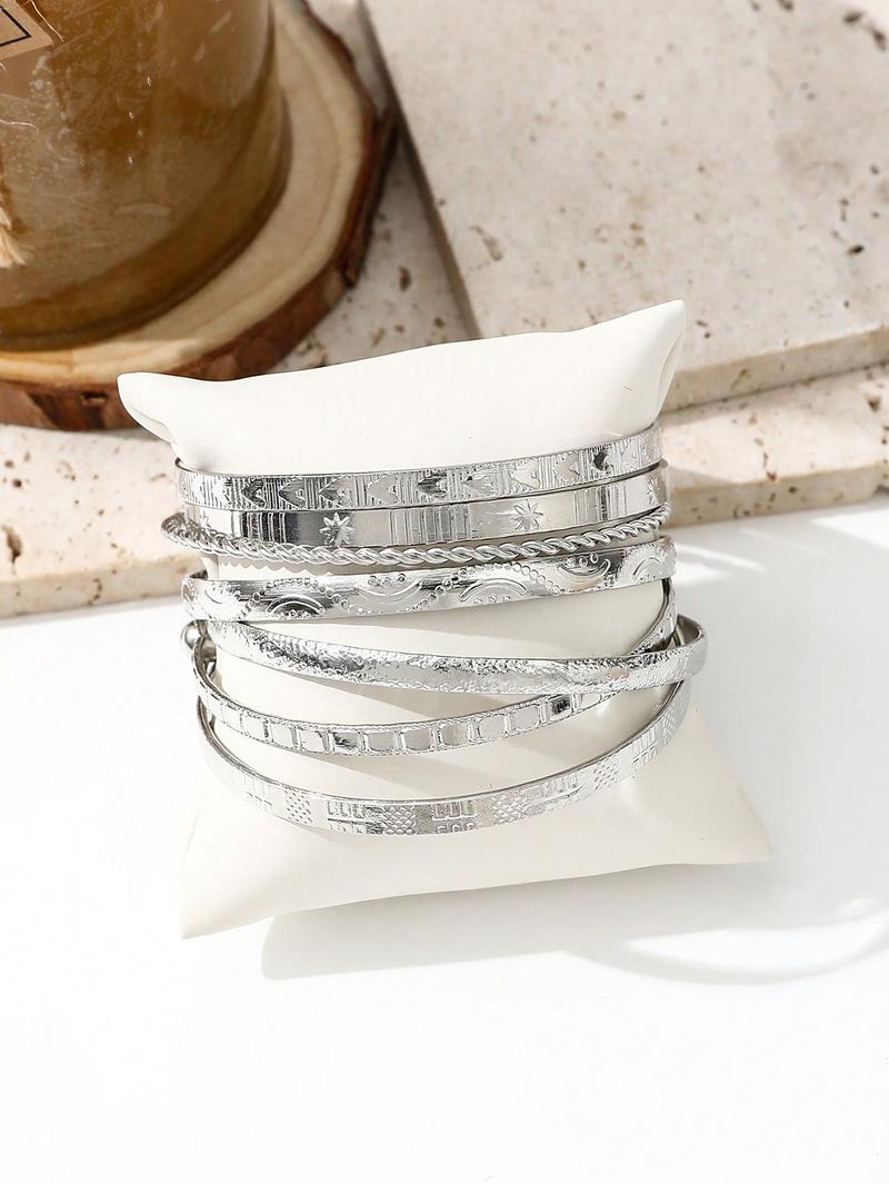Product Introduction of 7pcs/Set European And American Style Bangle Set With Hammered, Arrow, Floral, Exaggerated Hexagram Design, Twist Open Bracelets Jewelry Gifts 20