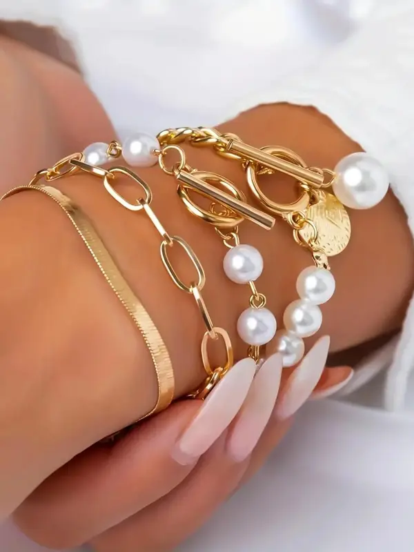 Faux Pearl Decorated Link Bracelet, Fashionable OT Buckle Design Jewelry for Women & Girls, Fashion Jewelry for Party, Daily Decor, Trendy All-match & Exquisite Jewelry for Birthday Gift 2