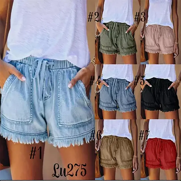 2025 New Casual Elastic Waist Drawstring High Waist Slimming Denim Shorts