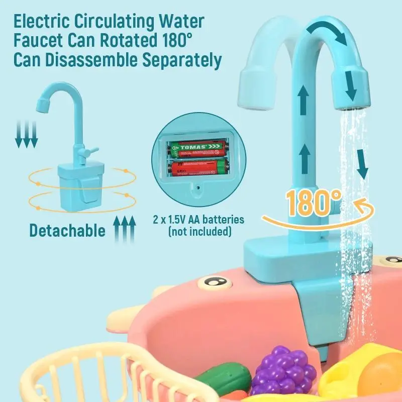 Simulated Electric Kitchen Sink Toy, 1 Set Kids Mini Kitchen Sink Toy with Accessories, Pretend Play Toy Excluding 2 AA Batteries, Birthday Gift for Boys & Girls 2