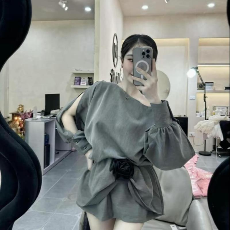 Áo váy tay dài MÀU GHI đính hoa kèm quần - Hân Linh shop
