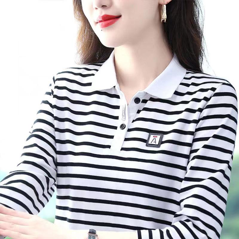 Áo Thun Dài Tay Có Ve Áo, Phong Cách Quý Cô Và Mẹ, Cổ Polo, Thích Hợp Cho Mùa Hè, Áo Sơ Mi Trung Niên, Ngoại Cỡ Có Sẵn Nữ Top Women Sọc Kẻ