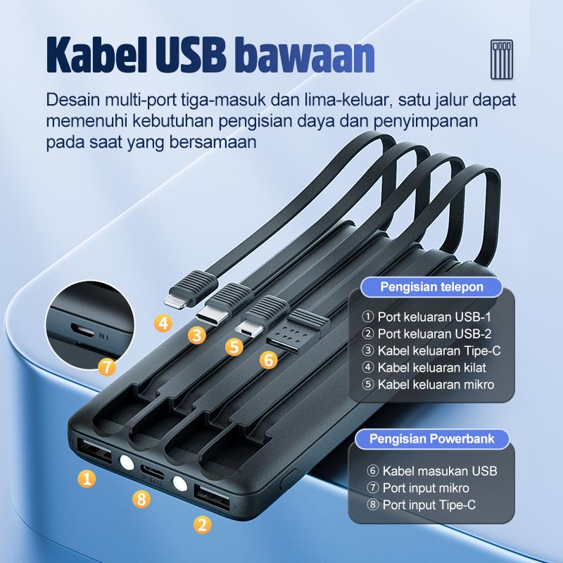 KIVEE Powerbank Fast Charging 20000 mAH 10000 mAh dengan Kabel Data Tipe C /Micro USB/Lightning USB Tampilan Daya Digital Flashlight Ganda Tiga masukan & lima keluaran Pengisian Daya Cepat 7