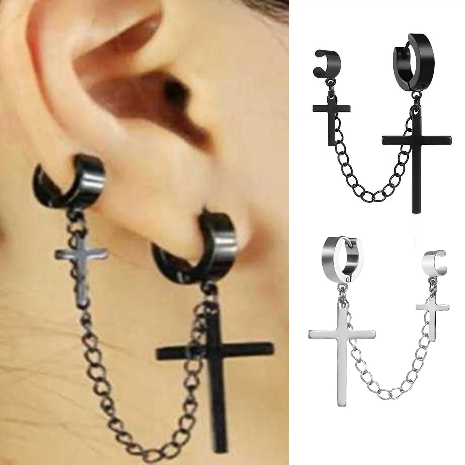 [Ready stock] 1Pc Punk Hip Hop Metal Chain Ear Cuff Creative Cross Tassel Men Earring Jewelry Accessories