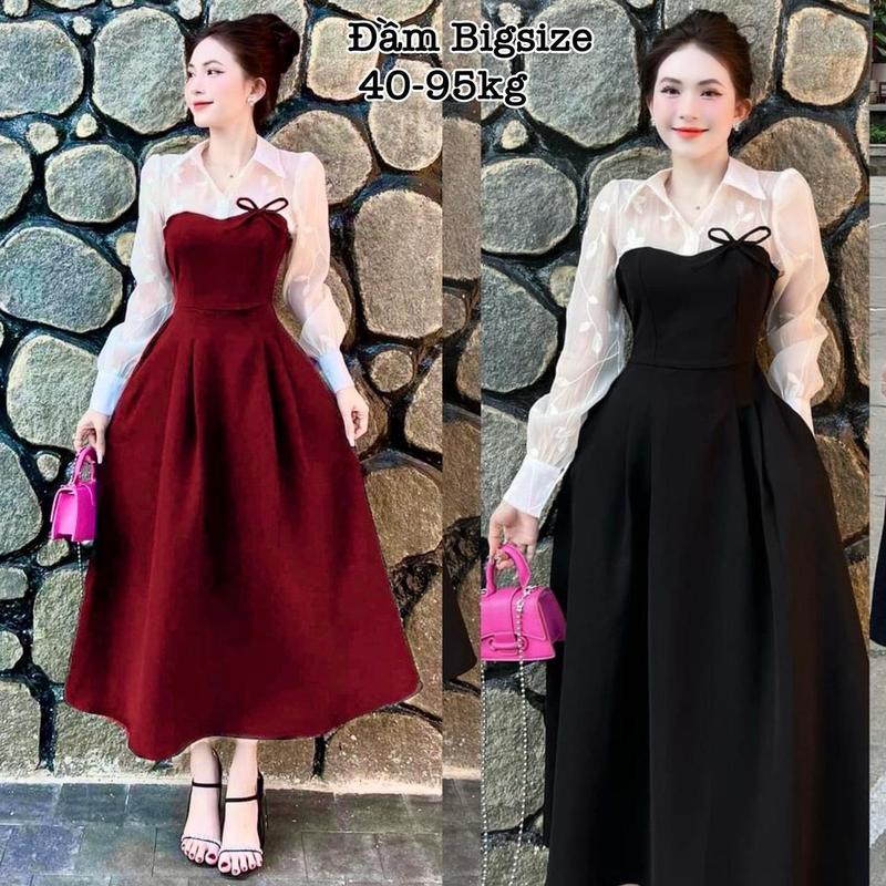 Thời Trang Nữ Bigsize HCM  Đầm Váy Cổ Sơ Mi Tay Dài Vải Cotton Phối Ren Hoa Cao Cấp Thiết Kế Đi Dự Tiệc Xinh Đẹp 40-95kg Đen Dress Tay Loe Sen Voan Đỏ