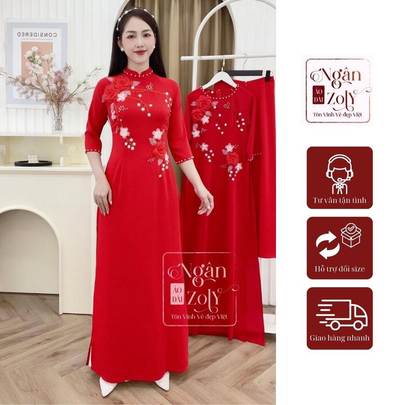 D7 Áo dài đỏ Lụa Mỹ đính kết hoa thủ công - Áo dài Nữ 2