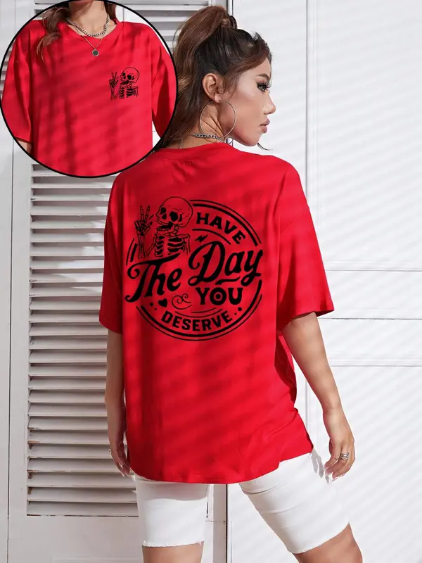 Women's Streetwear Letter & Skeleton Print Drop Shoulder Tee, Casual Half Sleeve Round Neck T-shirt for Daily Wear, Ladies Clothes for All Seasons, Tshirt 7