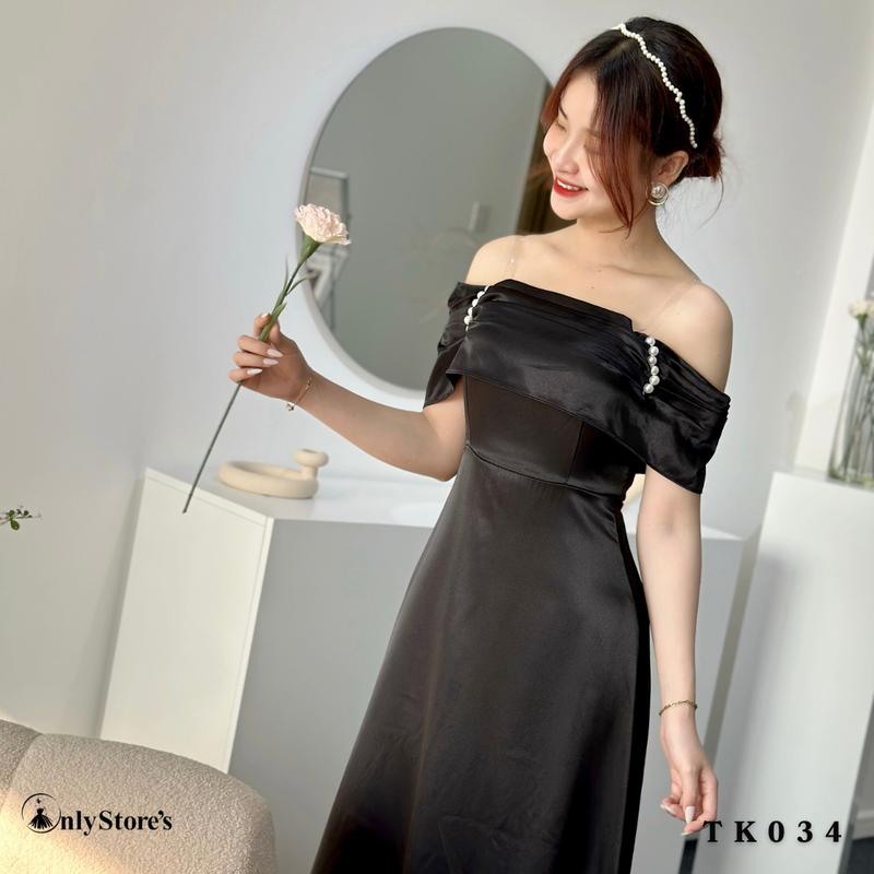 TK034 Đầm nữ lụa trể vai dáng xòe kèm ngọc trai 7