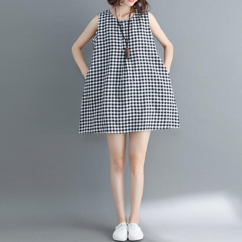 Váy Vest Không Tay Gingham, Màu Đen Và Trắng, Dành Cho Nữ, Hàng Mới Về Mùa Hè 2023, Phong Cách Nghệ Thuật, Ngoại Cỡ, Dáng Rộng Vừa Vặn, Thích Hợp Cho Học Sinh, Váy Chữ A Kiểu Chữ A Women Dress Khuy 5