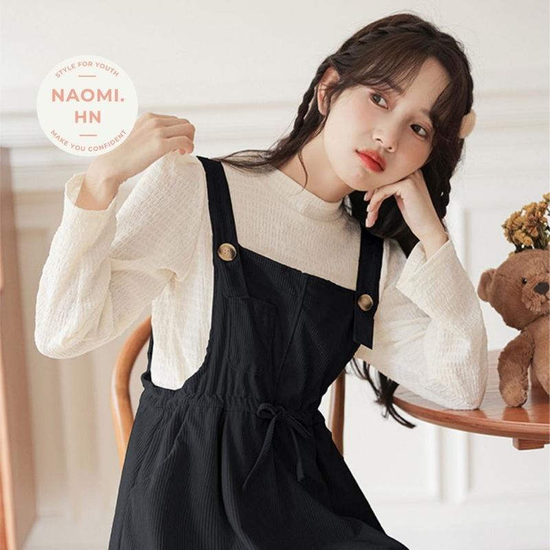 Product Introduction of Váy yếm 2 dây bản to form rộng NHUNG TĂM BUỘC EO dáng xòe, váy yếm gân tăm nữ dáng dài rộng nhung tăm babydoll 86