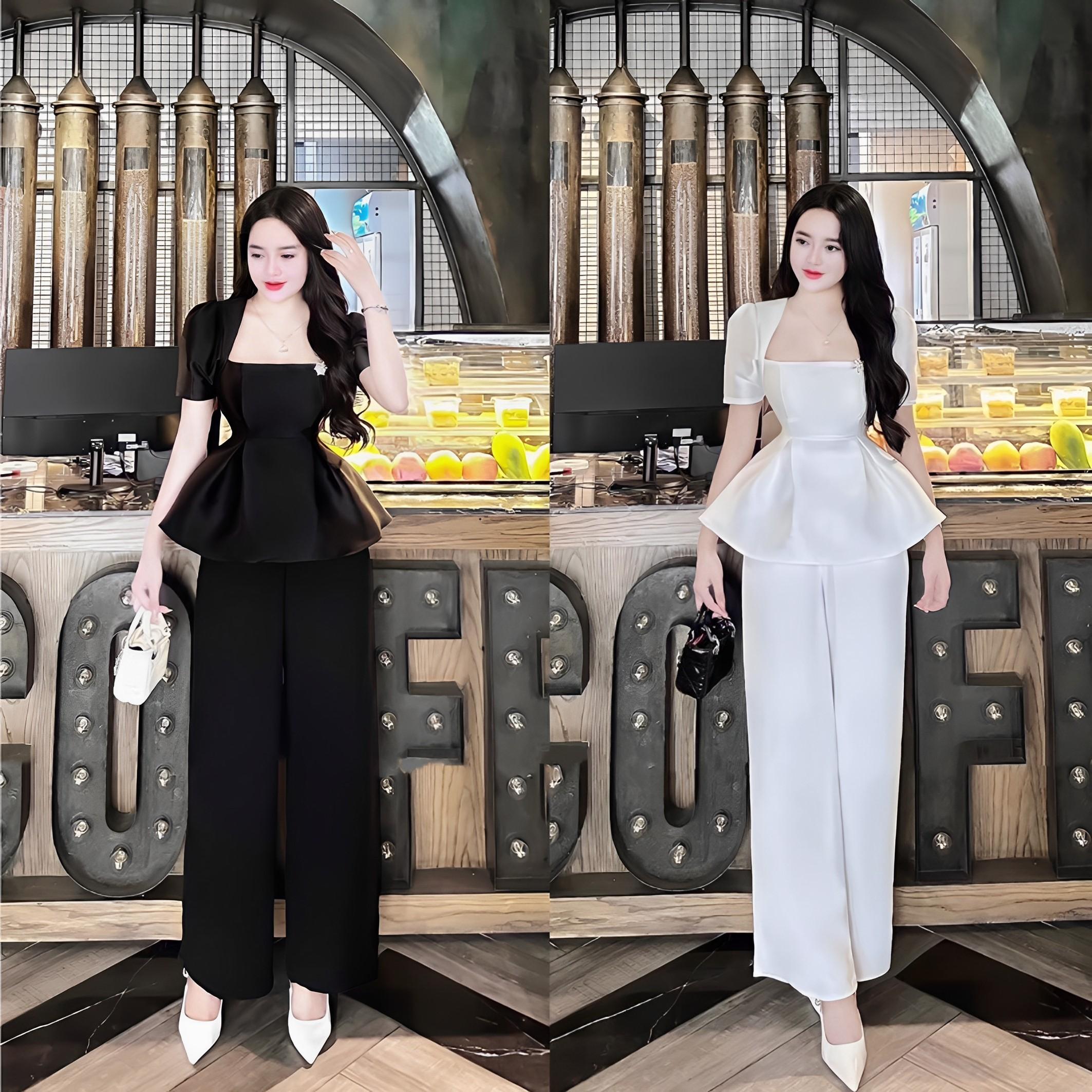 Thời Trang Bigsize Set Quần Áo Ống Rộng Cổ Vuông Vải Tap ta Dễ Thương 50-95Kg Top Nữ Cotton Đen Pants Women Ong - A.1231