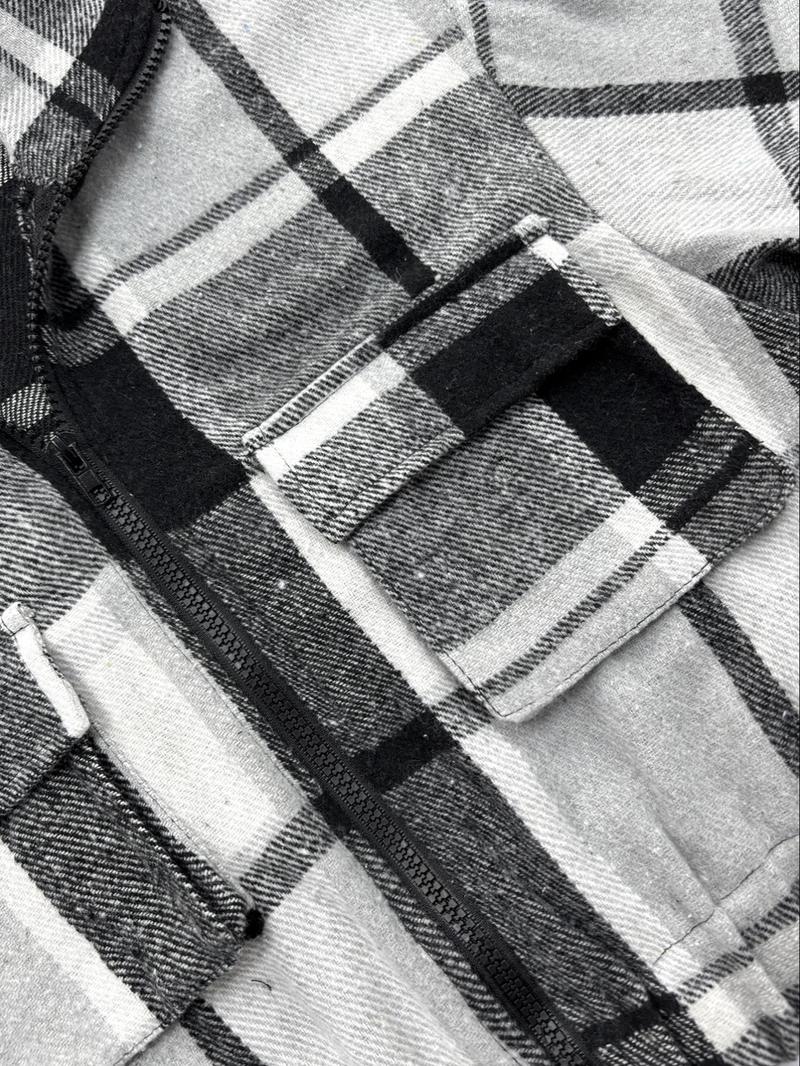 Product Introduction of Women's Plaid Print Zip Up Pocket Crop Jacket, Casual Long Sleeve Collared Outerwear for Daily Wear, Ladies Clothes for All Seasons 5