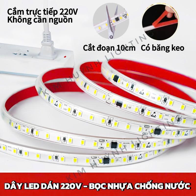 Dây đèn Led dán điện 220V cắt đoạn 10cm, chống nước trang trí tủ kệ, hắt trần