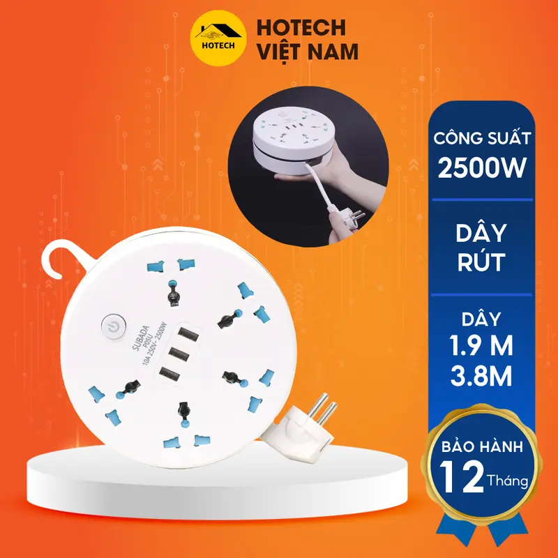 Ổ Điện Đa Năng Dây Rút Chống Giật An Toàn Hotech Chịu Tải 2500W 3 Cổng Usb Tiện Lợi Dây Dài 1,9 - 3,8M Quấn Gọn OD18H 0