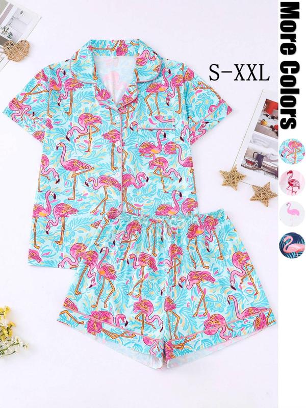 Two-piece Set Women's All Over Flamingo Print Short Sleeve  Pajama Set, Casual Comfy Lapel Neck Button Front Top & Elastic Waist Shorts Pj Set, Ladies Sleepwear for All Seasons 0