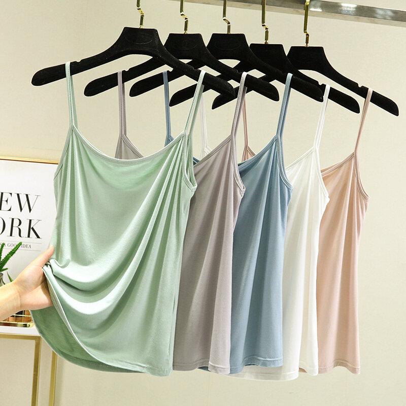Áo Hai Dây Nhỏ Chất Liệu Vải Modal, Không Tay Mùa Hè Cho Nữ, Phối Bên Trong, Mỏng Vừa Vặn, Áo Lớp Nền, Ngoại Cỡ, Áo Mỏng, Màu Trơn Thích Hợp Mặc Bên Trong, Kiểu Áo Vest Top Women Tua Rua Sò Cổ Tròn 0
