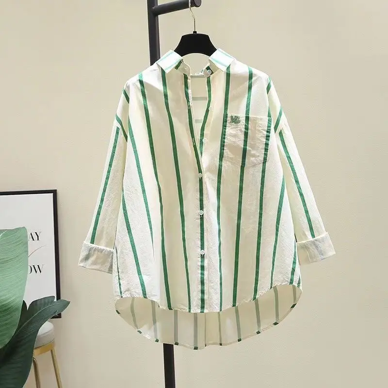 Áo sơ mi sọc Xanh Lá trẻ trung, áo sơ mi dài tay rộng rãi giản dị, chống nắng, phong cách Hàn Quốc mới, mùa xuân và mùa hè