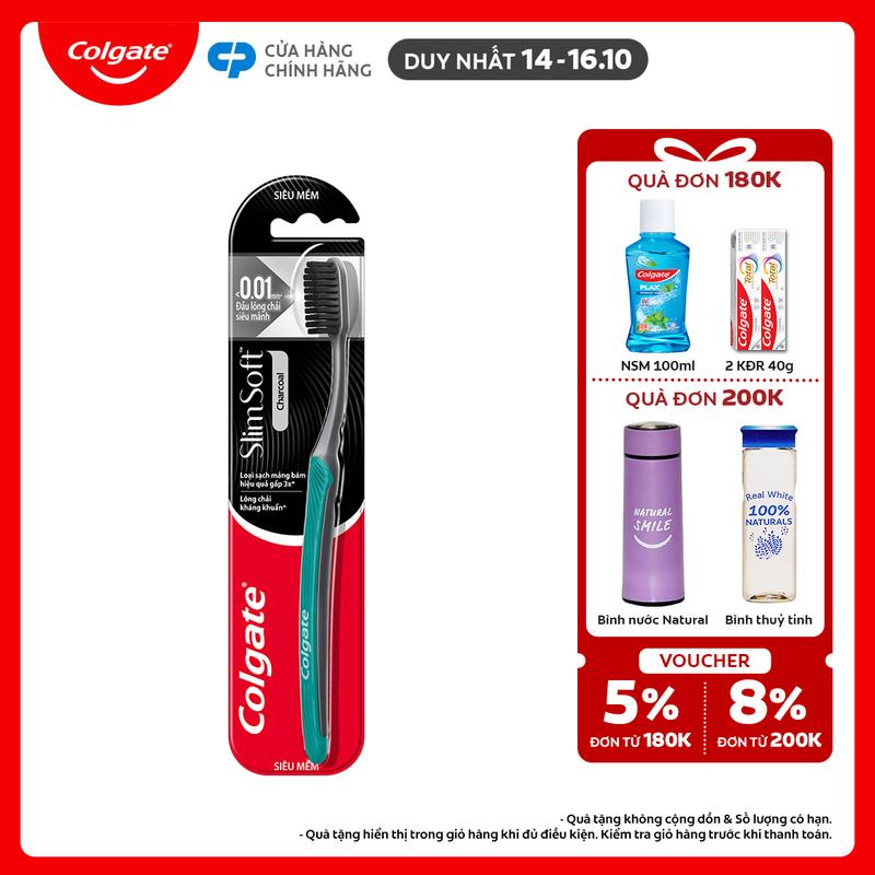 [Duy nhất 14-16.10] Bàn chải đánh răng Colgate than hoạt tính kháng khuẩn SlimSoft Charcoal mềm mảnh
