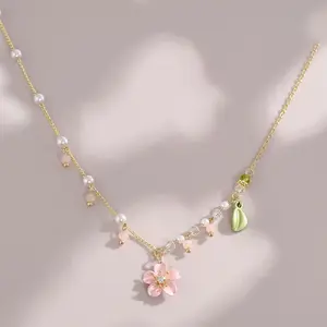 Liui   Kalung Rantai Tulang Selangka Manis Hati Gadis Rantai Leher Segar Kalung Bunga Merah Muda Peri Super