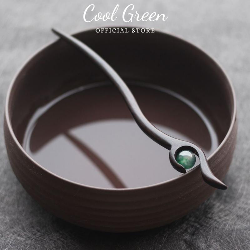 [Tặng Kèm Hộp Đựng] Trâm Cài Tóc Bằng Gỗ Đàn Hương Đen Tự Nhiên Đính Châu Xanh Ngọc Vip34 Nữ