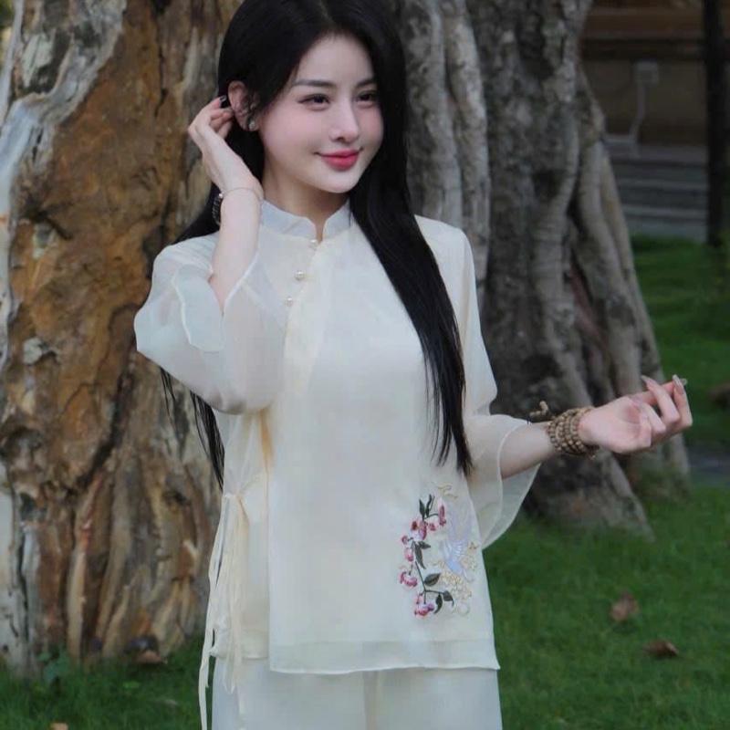 Bộ lam tơ dây eo thêu hạc ánh kim quần suông Nữ 3