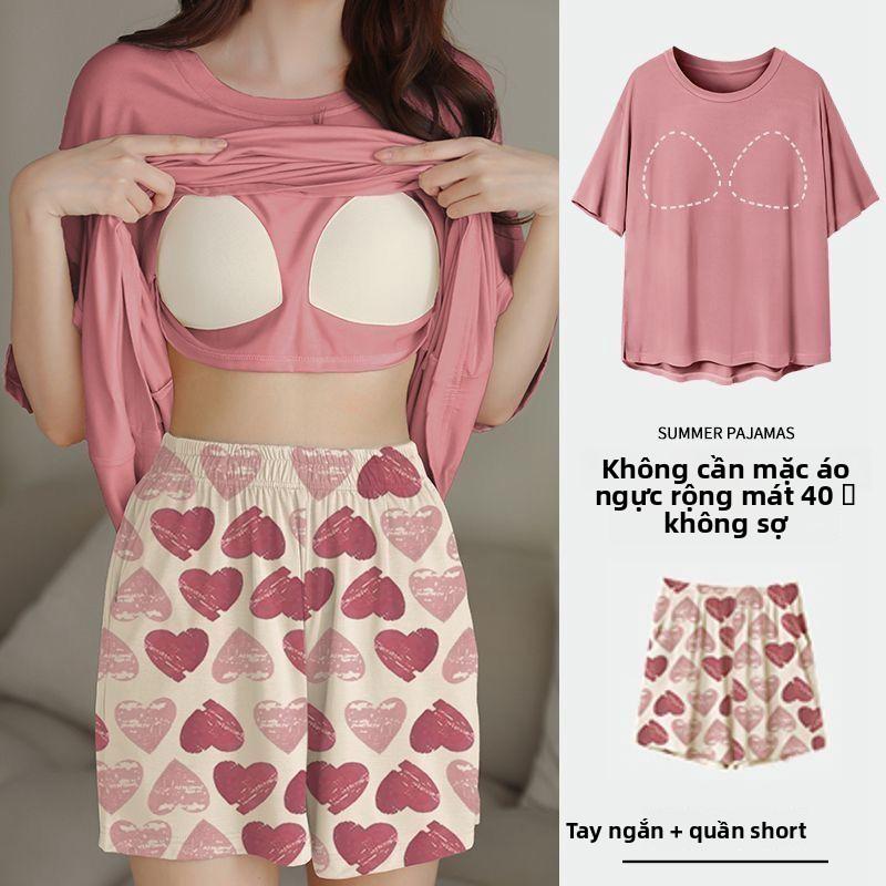 Bộ Đồ Ngủ, Vải Nảy Mềm, Tay Ngắn, Cổ Tròn, Có Áo Ngực Tích Hợp, Dành Cho Phụ Nữ Và Phụ Nữ, In Hình Hoạt Hình Dễ Thương, Thiết Kế Mặt Cười, Quần Đùi ngắn Tay, Bộ Đồ Mặc Nhà, Hàng Có Sẵn Sẵn Để Gửi 5
