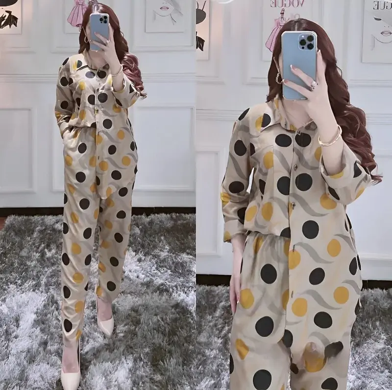 One Set Namira Polka Busui Full Kancing Setelan Rayon Panjang Handmade Kerah V Neck Model Kemeja Kekinian 2024 by Daster Batikku 3