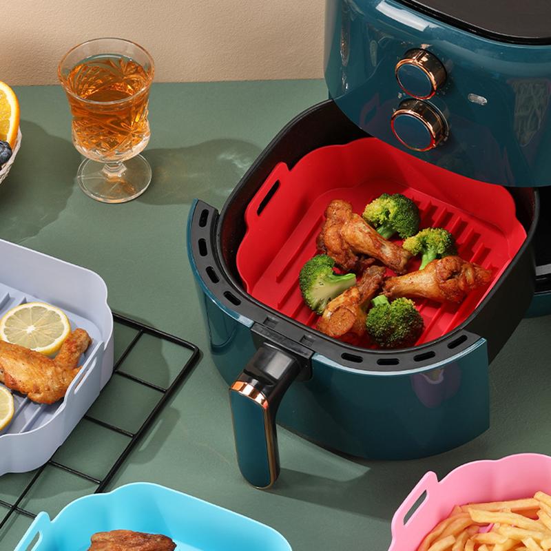 Air Fryers Liner Double Handle Heat Resistant Square Dishwasher Safe Silicone Baking Pan Waterproof Non-stick Frying Chicken Basket Mat Kitchen Accessories 2
