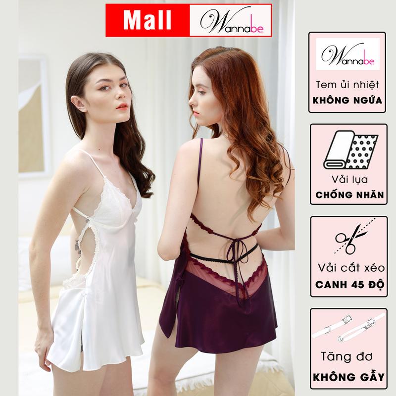 Đầm ngủ WANNABE váy ngủ lụa dáng ngắn cut out lưng eo mông thắt nơ xinh phía sau rất sexy quyến rũ gợi cảm Nữ Women Dress đồ mac nha váy ngủ màu kem DNS55