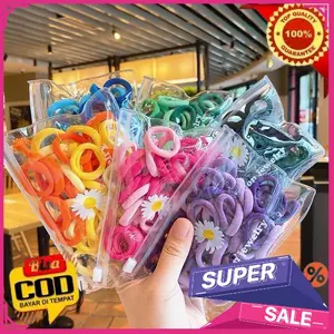 MCK - FREE POUCH 50pcs Ikat Rambut Donat Kecil Bulat Kucir Rambut Korea Polos Karet Scrunchies Ikat Rambut Anak Perempuan Fashion Cantik