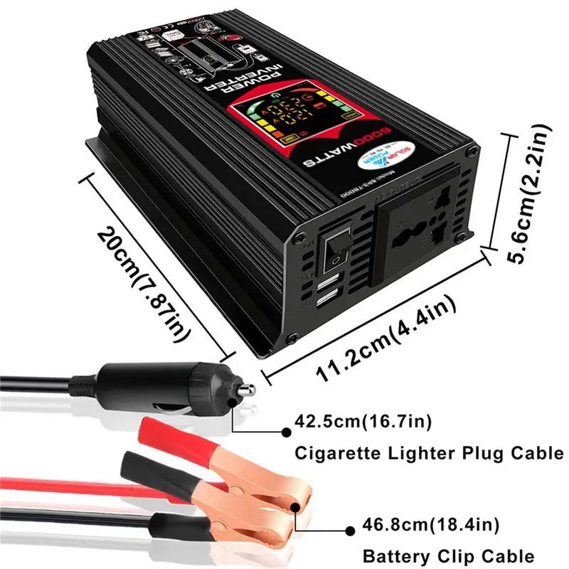 Biến tần ô tô, 6000W, DC 12V sang AC 110V 220V, Biến tần nguồn thông minh, với màn hình LCD 6