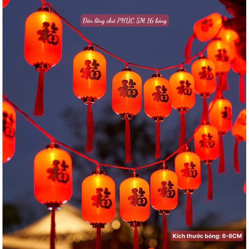 Dây Led Đèn Lồng Đỏ Dài 5M 16 Bóng Phi 8CM Hoạ Tiết Chữ PHÚC Phong Cách Trung Hoa Trang Trí Lễ Hội Tết Âm Lịch