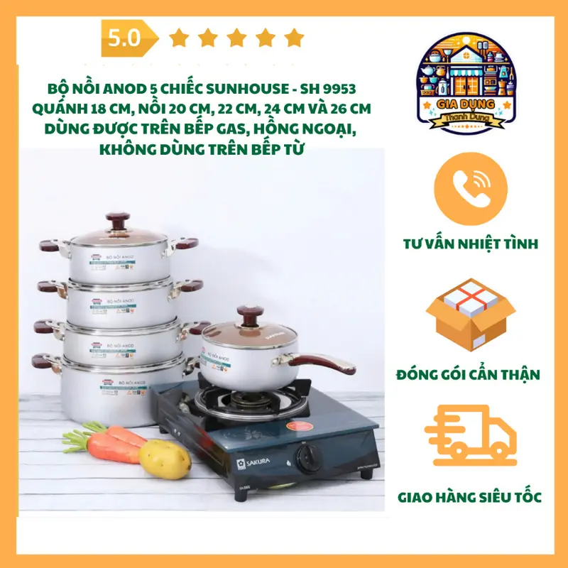 Bộ Nồi Nhôm Anod 5 Món Sunhouse - SH995, Nắp Kính Cường Lực, Sang Trọng Hiện Đại Nổi Bật Căn Bếp 0