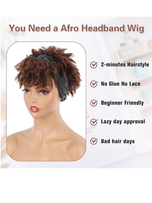 8 Inch Afro Brown Short Curly Wigs with Headband for Women, Gorgeous Fluffy Wigs with Bangs, Synthetic Full Machine Wigs for Party, Daily Use 2