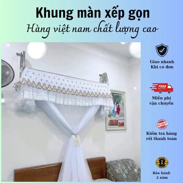 Mã ( BH ).Khung+màn xếp gọn BH. khung màn xếp gọn cao cấp. inox tiến đạt loại 1. màn tuyn lanh nguyên. trực tiếp tư xưởng sx.ốc vít đầy đủ mùng khung  xếp gọn