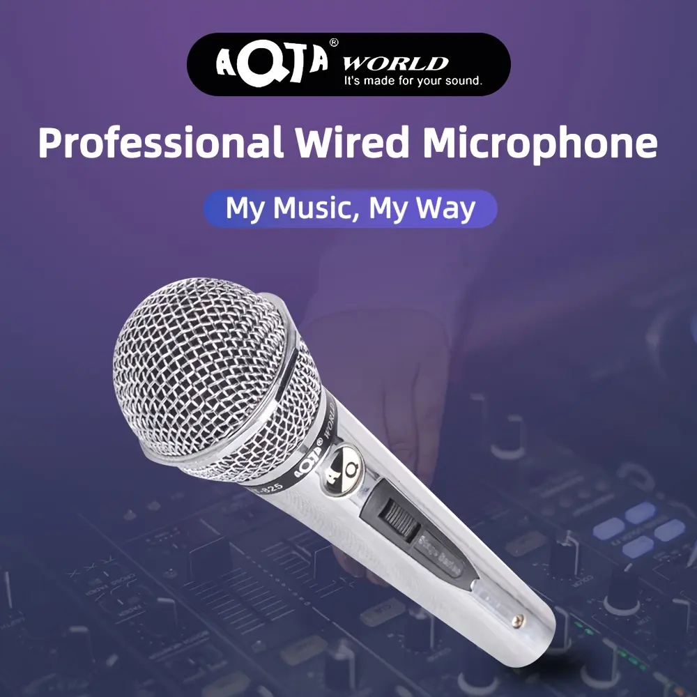 AT-825 Professional Wired Handheld Microphone, Aluminum Alloy Body, 6.35mm Jack Connector, Dynamic Audio Karaoke Performance Mic with Insert Power Run Feature, for Singing, KTV, Conference - No Battery Required
