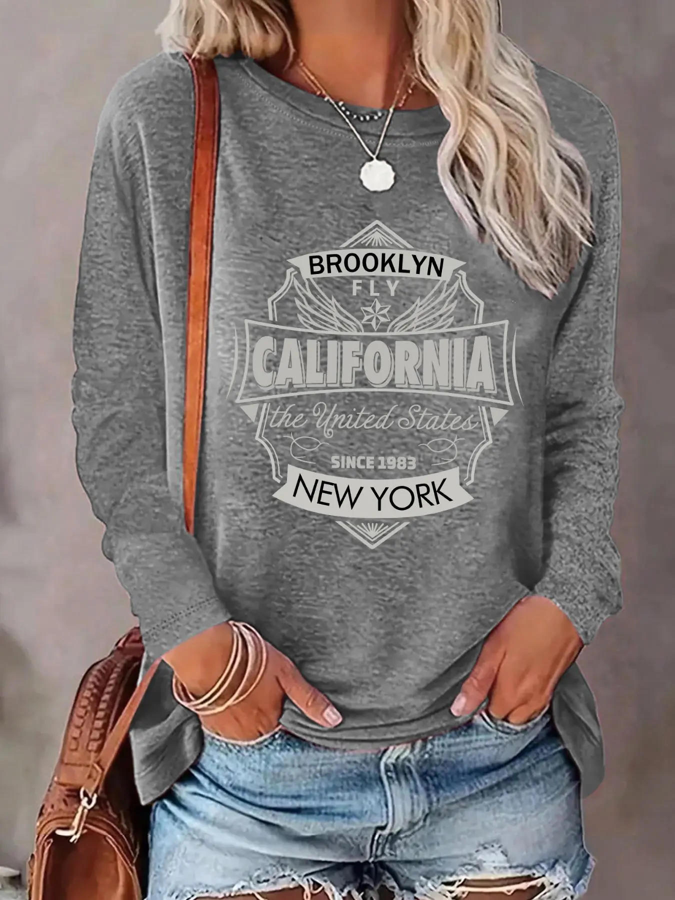 Women's Letter Graphic Print Round Neck T-shirt, Fashion Casual Long Sleeve Tee, Women's Top for Daily Wear