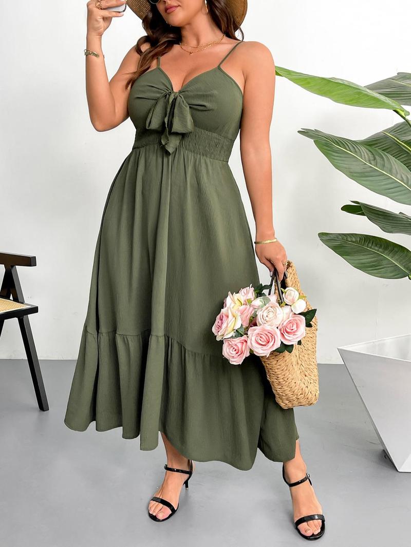 Product Introduction of 【Plus Size】 Solid Color Tie Front Cami Dress, Plus Elegant Fashion Casual Ruffle Trim Dress for Daily Outdoor Wear, Women Plus Clothing for Summer 4