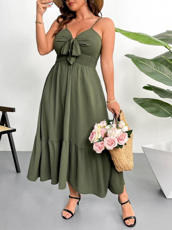 【Plus Size】 Solid Color Tie Front Cami Dress, Plus Elegant Fashion Casual Ruffle Trim Dress for Daily Outdoor Wear, Women Plus Clothing for Summer 3