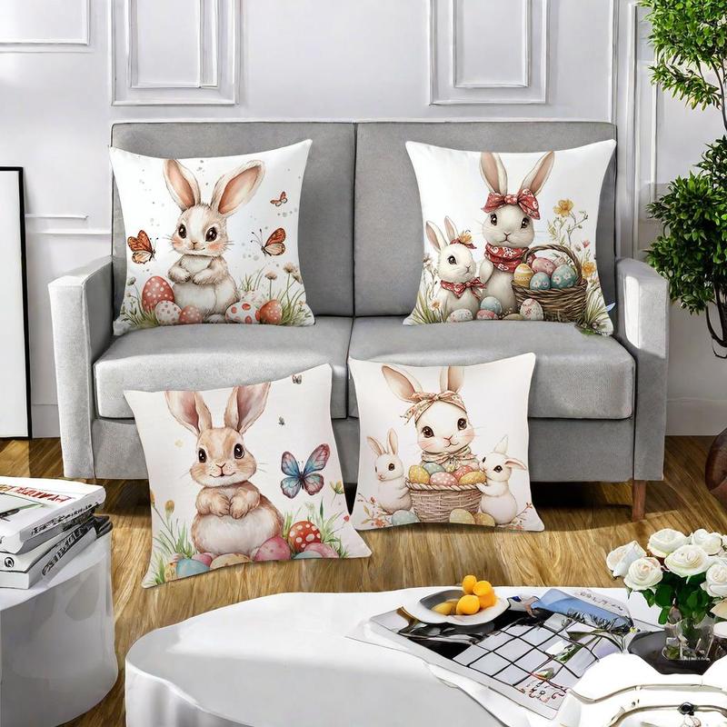 Easter Themed Cushion Cover, 4 Counts/set Rabbit & Egg Pattern Cushion Cover without Filler, Decorative Cushion Cover for Home Sofa Bed 4