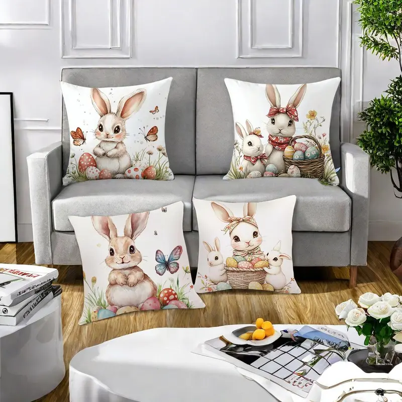 Easter Themed Cushion Cover, 4 Counts/set Rabbit & Egg Pattern Cushion Cover without Filler, Decorative Cushion Cover for Home Sofa Bed 4