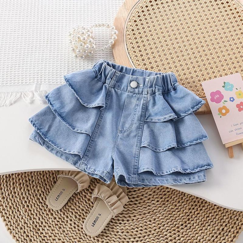 Quần Áo Trẻ Em, Quần Short Denim Mùa Hè, Cho Bé Gái, Có Thể Mặc Ngoài Trời, Phong Cách Hàn Quốc, Mới Và Hợp Xu hướng, Culottes Ren Bánh Mỏng, 2025 4