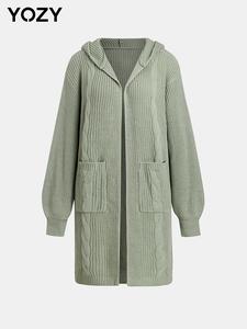 YOZY Women's Solid Drop Shoulder Pocket Hooded Cardigan, Casual Long Sleeve Open Front Knitwear for Fall & Winter, Fashion Ladies' Knit Clothing for Daily Wear